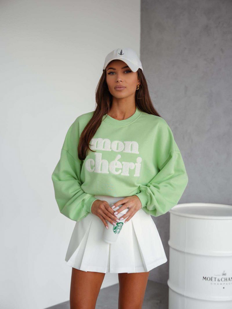 BLUZA OVERSIZE MON CHERI ZIELONA Z BIAŁYM NAPISEM ME GUSTA