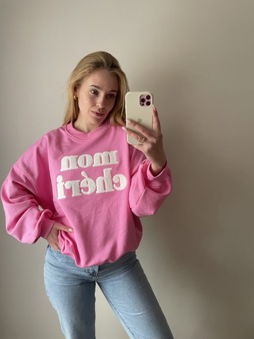 BLUZA OVERSIZE MON CHERI  RÓŻOWA Z BIAŁYM NAPISEM ME GUSTA