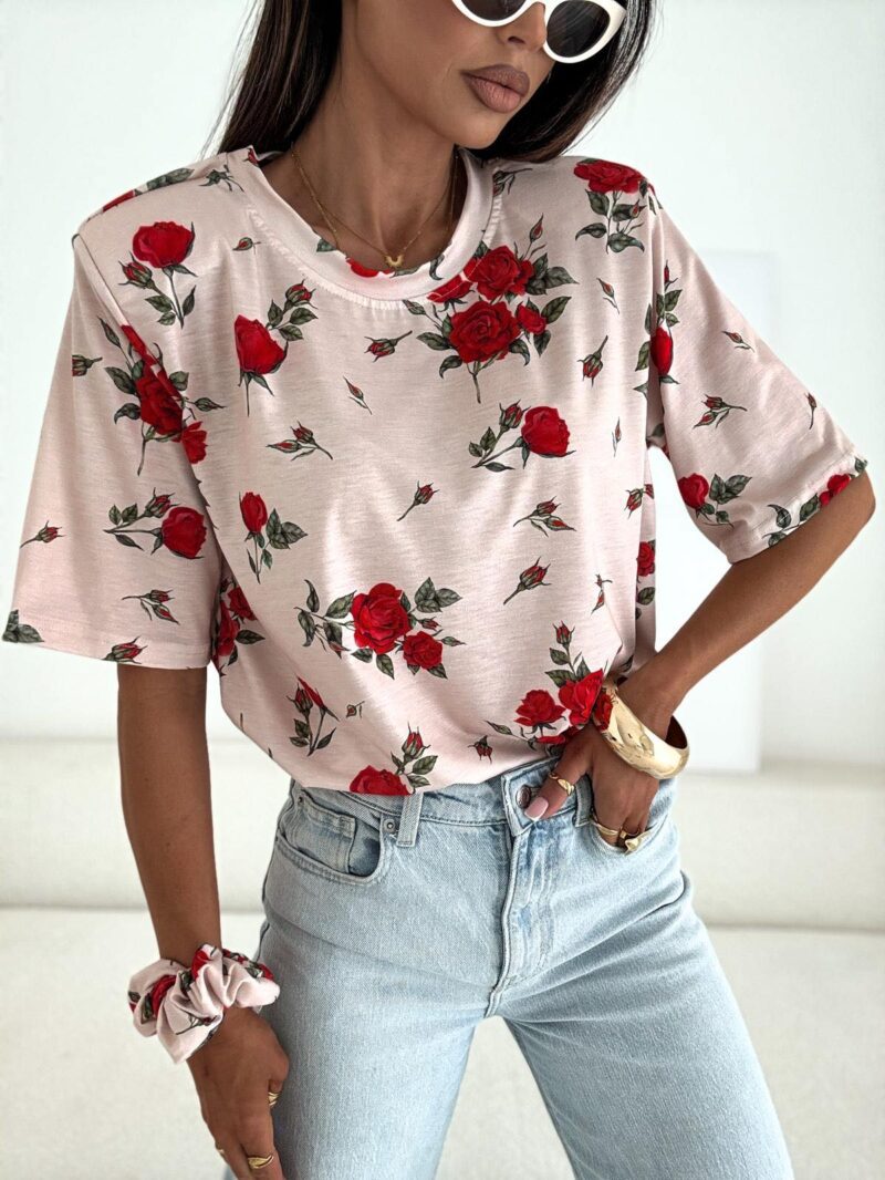 T-SHIRT Z GUMKĄ SONYA OVERSIZE BEŻOWA W RÓŻE BOCCA