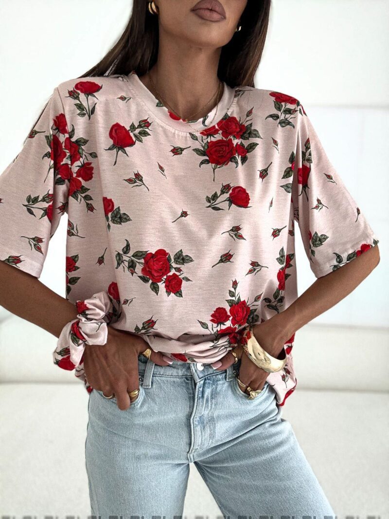 T-SHIRT Z GUMKĄ SONYA OVERSIZE BEŻOWA W RÓŻE BOCCA