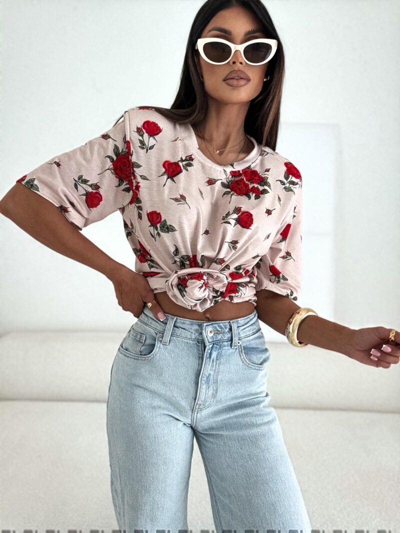 T-SHIRT Z GUMKĄ SONYA OVERSIZE BEŻOWA W RÓŻE BOCCA