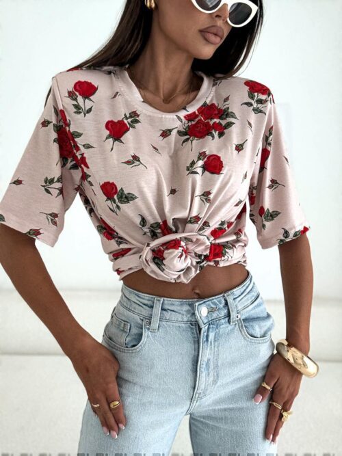 T-SHIRT Z GUMKĄ SONYA OVERSIZE BEŻOWA W RÓŻE BOCCA