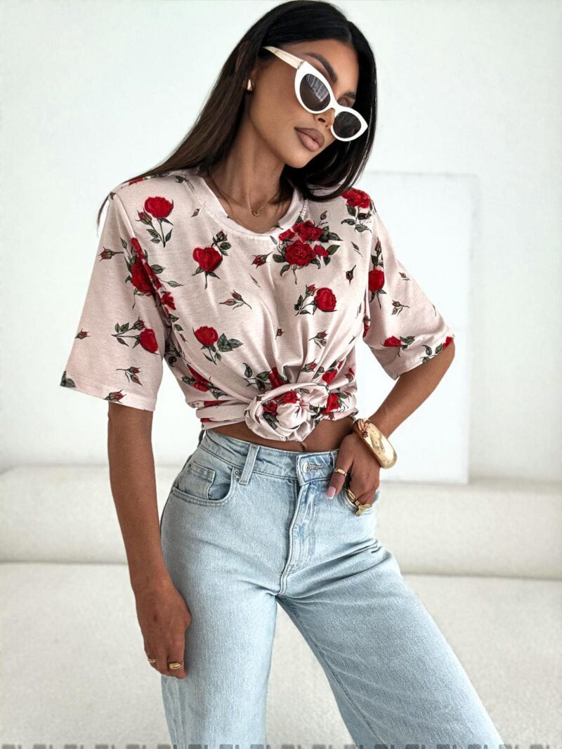 T-SHIRT Z GUMKĄ SONYA OVERSIZE BEŻOWA W RÓŻE BOCCA