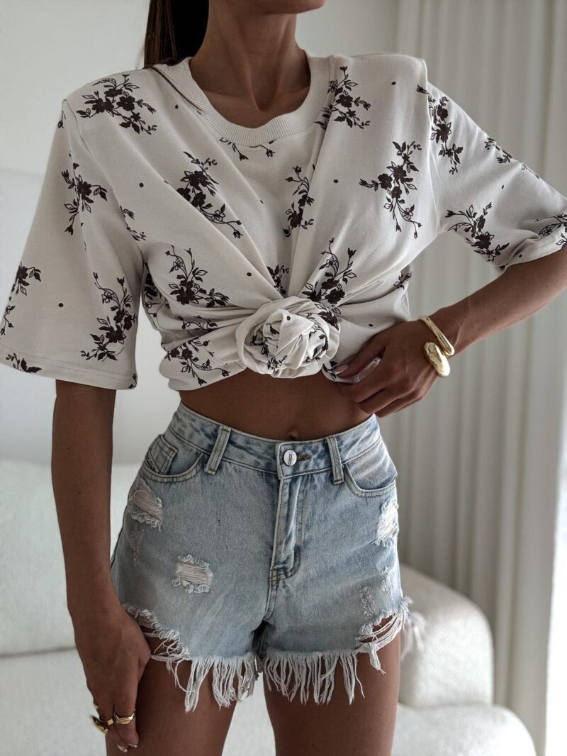T-SHIRT Z GUMKĄ SONYA OVERSIZE BIAŁY Z KWIATMI BRĄZOWYMI BOCCA