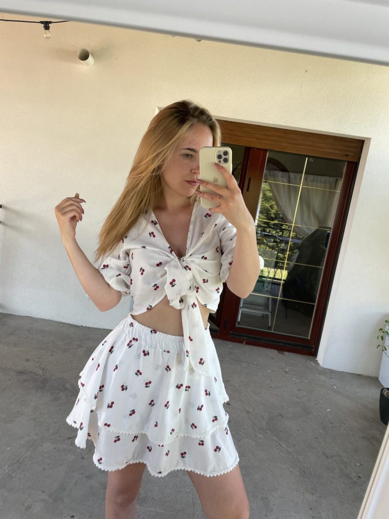 KOMPLET TOP + SPÓDNICA WE WZÓR WIŚIENKI MINI JULIE BIAŁY