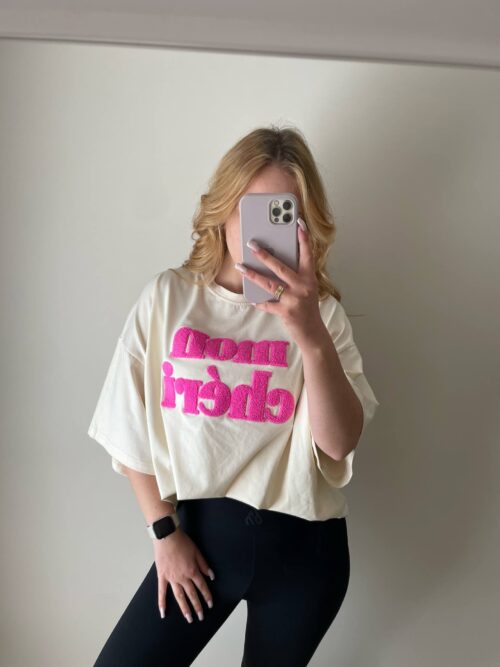 T-SHIRT BLUZKA OVERSIZE MON CHERI KREMOWA Z RÓŻOWYM NAPISEM ME GUSTA