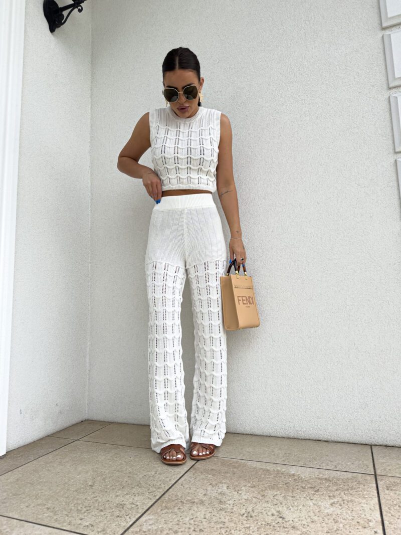 KOMPLET SANTORINI AŻUROWY TOP +SPODNIE – ECRU BY ME